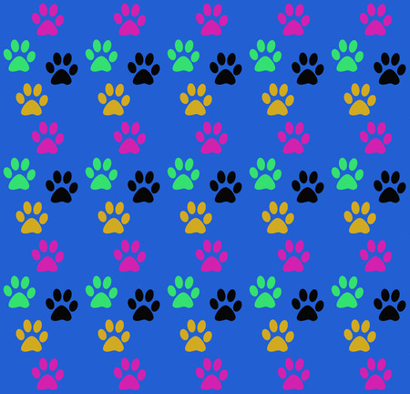 Seamless fun print of the paws of the animal. Factory color paw dog on a blue background. The imprint of paws of a pet. Print on a blue background.の写真素材