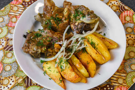 Hot food on a served platter.の写真素材