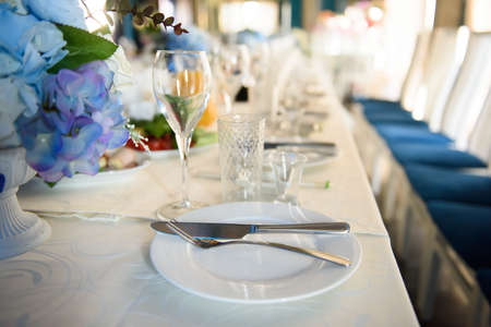 Festive design of the dining table at a banquet party.