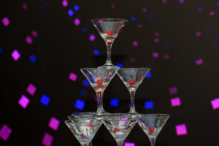 Pyramid of wine at the banquet.の写真素材