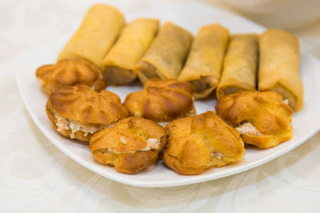 Culinary baked appetizer on dishes.の写真素材