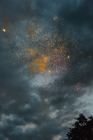 Fireworks by the sea at night.