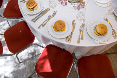 Restaurant table with cutlery and cutlery.の写真素材