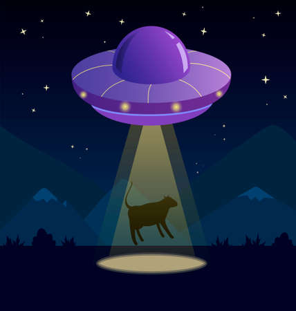 Purple space ship UFO, yellow ray of light on a white background. Vector isolated illustration in cartoon style. World UFO day.のイラスト素材