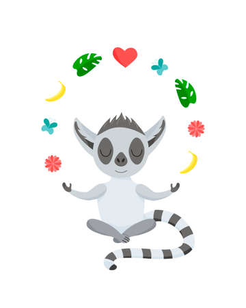 Funny gray lemur meditates in the lotus position and juggles. Baby animal in cartoon style. Levitation during yoga. Vector illustration, isolated color elements on a white background. Art for childrenのイラスト素材