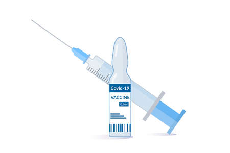 Syringe and ampoule with vaccine for the prevention of coronavirus infection caused by the SARS-Cov-2 virus. Against the Covid-19 epidemic. Solution for intramuscular administrationのイラスト素材