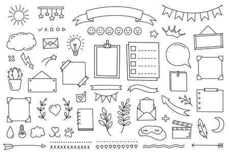 Doodle set hand drawn elements for diary, notebook and planner. Vector calendar for study and work. Collection of decorations frames and stickers from lines. Cute background designのイラスト素材