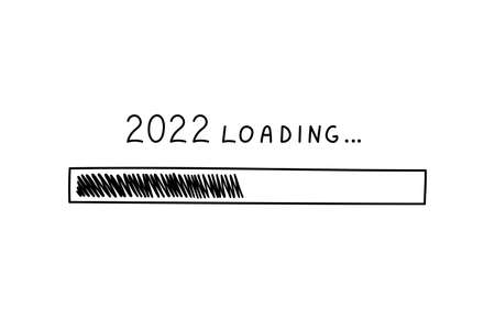 Progress bar 2022 new year in doodle style, vector illustration. Hand drawn loading symbol, black...
