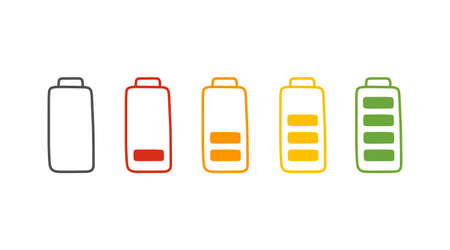Battery charge in cartoon style, vector illustration. Hand drawn set icon, energy level low and full. Isolated color element on a white background. Indicator recharge mobile phone batteryのイラスト素材