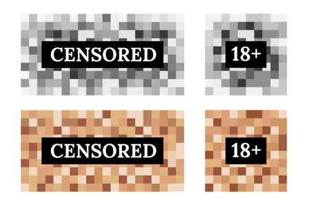 Censored sign set from pixel blur. Square color background in mosaic design. Blurry effect for protection face and body on a photo and video. Digital censorship for content, vector illustrationのイラスト素材