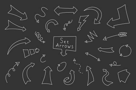 Arrow set in cartoon style vector illustration. Collection arrows hand drawn. Direction sign isolated doodle outline on a black background. Simple elements for decorative planner, journal and notebookのイラスト素材