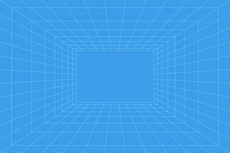 Grid room in perspective, vector illustration in 3d style. Indoor wireframe from blue lines, template interior square, digital empty box. Abstract geometric design backgroundのイラスト素材