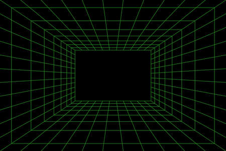 Grid room in perspective, vector illustration in 3d style. Indoor wireframe from green laser beam, template interior square, digital empty box. Abstract geometric design on black backgroundのイラスト素材