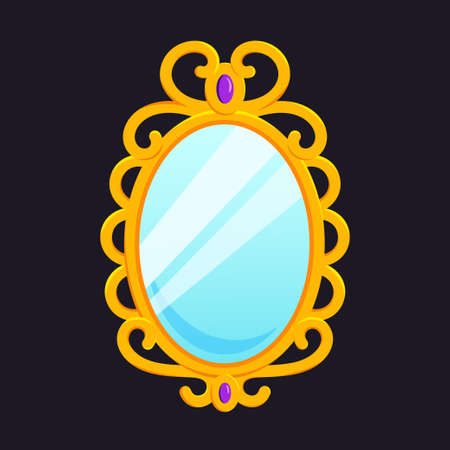 Magic mirror in cartoon style, vector illustration. Oval gold frame for game design. Fairy vintage mirror wich purple diamond. Isolated element on black background, graphic templateのイラスト素材