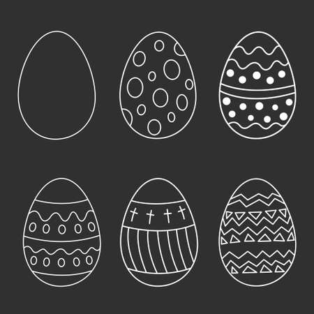 Easter set egg in doodle style. Collection outline eggs for design and print. traditional religious holiday. Vector illustration, isolated white elements on black backgroundのイラスト素材