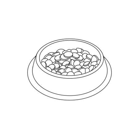 Bowl of food for feed dog and cat pet in doodle style, vector illustration. Animal bowl outline for print and design. Isolated black element on white background. Graphic icon, snack pet symbolのイラスト素材