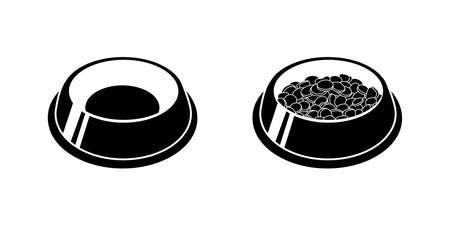 Bowl of food for feed dog and cat pet in simple style, vector illustration. Animal bowl silhouette for print and design. Isolated element on white background. Graphic icon, snack pet symbolのイラスト素材