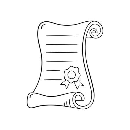 Scroll diploma in doodle style, vector illustration. Icon certificate for print and design. Isolated element on white background. Back to school concept, hand drawn sketchのイラスト素材