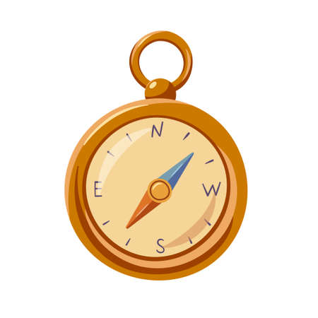 Compass icon in cartoon style, vector illustration. Golden wind rose for print and design. Isolated element on white background. Symbol of travel and adventure hand drawnのイラスト素材