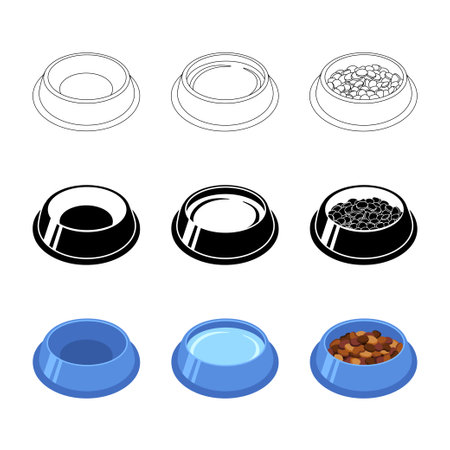 Bowl of food for feed dog and cat pet in doodle, simple, flat style, vector illustration. Animal bowl icon, food and water dish. Set of isolated elements on white background for print and designのイラスト素材