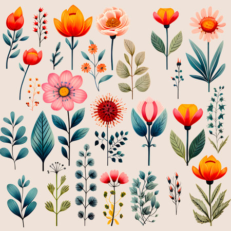 Vector set of hand drawn floral elements. Collection of flowers and plants.の素材