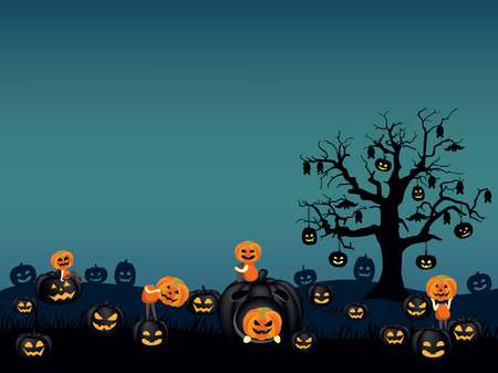 halloween background. Spooky pumpkin field with scary pumpkin kids and jack o lanternのイラスト素材