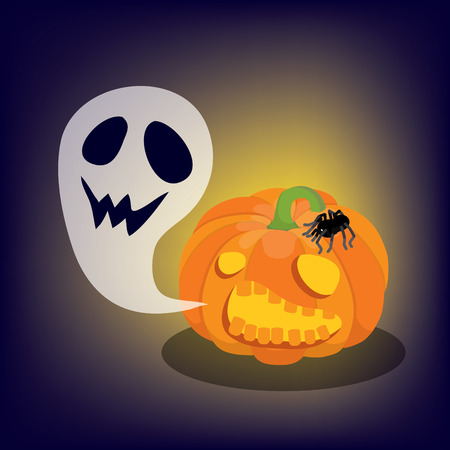jack o lantern with a ghost and a spiderのイラスト素材