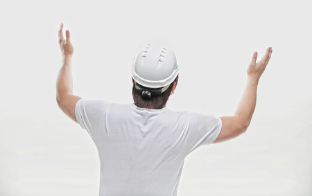 Construction worker backs and hands isolate on white backgroundの写真素材