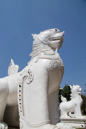 lion statue with blue sky  guarding the gate of the temple