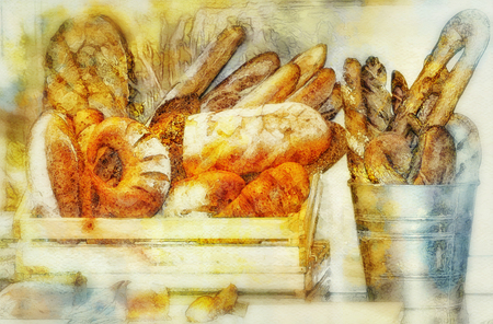 Digital painting French bread baguettes in wooden box and barrels .の写真素材