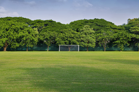 soccer goal with trees in the backgroundの写真素材