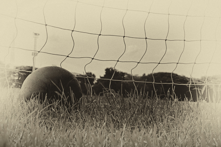 pictures of the past  soccer ball in the net of the goal.の写真素材