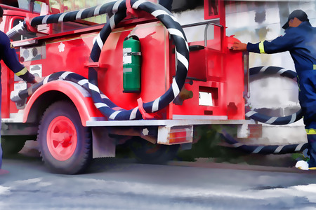 Fireman with fire trucksの写真素材