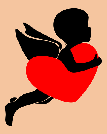 Silhouettes cupid holding a big red heartのイラスト素材