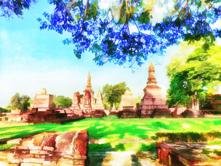 Digital painting , Illustration Pagoda in Sukhothai Historical Parkの写真素材