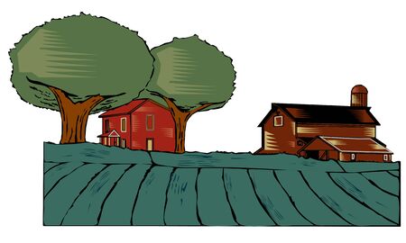 Vector - Illustration of   Agricultural barns, woodcut styleのイラスト素材