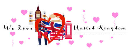 Vector banner with calligraphic lettering we love  United Kingdom with  national flag of United Kingdom. United Kingdom  symbol  inside of the heartのイラスト素材