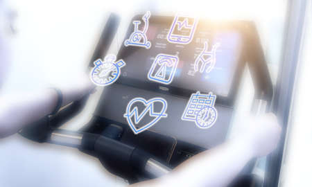 Fitness and Gym line icons set On the background of fitness cyclists