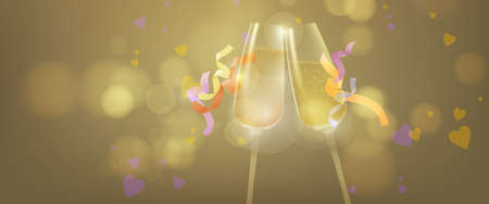 Vector illustrations,Celebrate champagne glass with ribbon and heart on bokeh backgroundのイラスト素材