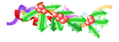 Vector illustrations,Christmas leaves and berries with ribbon on white banner backgroundのイラスト素材