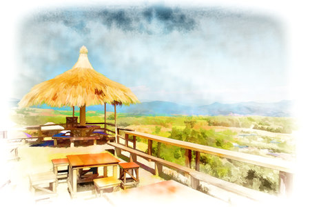 Illustration Digital painting View seats on the top of the mountain for tourists.の写真素材