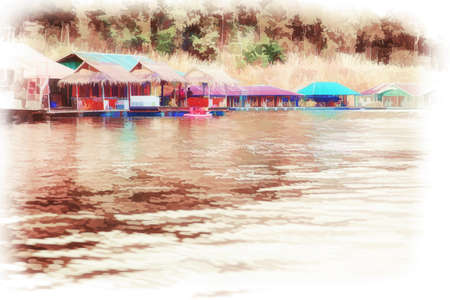 Illustration Digital painting Houseboat floating on the lake for tourists in Chiang Mai, Thailandの写真素材