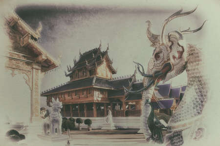 Digital painting, Old painting of a buddhist temple in northern thailand on  canvasの写真素材
