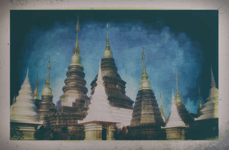 Digital painting,Old painting , buddhist pagoda in northern thailandの写真素材