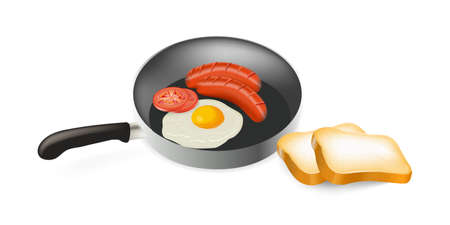 Fried eggs with sausage and tomatoes in the pan and bread ,vector image on white backgroundのイラスト素材