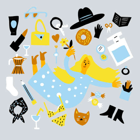 Hand drawing,woman accessories , lady style items,vector image woman with elements patternのイラスト素材