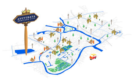 Isometric map of Ayutthaya city,the world heritage cityのイラスト素材