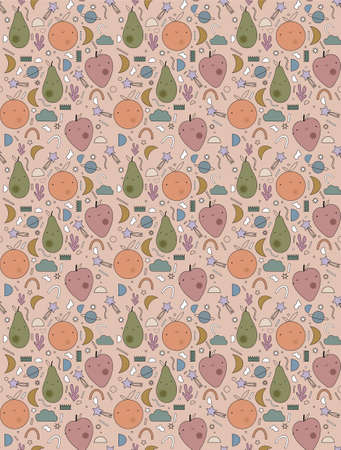 Cartoon fruits with cute element seamless pattern background