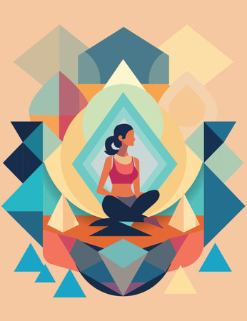 Woman meditating with abstract colorful geometric background. Healthy person sitting, relaxing practicing yoga, meditation, relaxation.のイラスト素材
