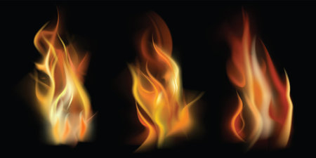 Set of burning fire flame element vector isolate on black backgroundのイラスト素材